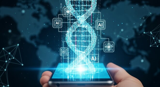 Human hand holding smartphone displays digital DNA strand and AI interfaces in blue tones, concept for genetic research, personalized medicine and smart technology advancements