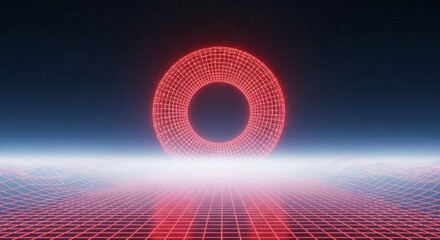 Retro future neon grid landscape with glowing torus portal