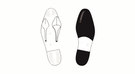 Detailed outline of high-heel shoe sole with textured heel and solid black dress shoe sole silhouette.