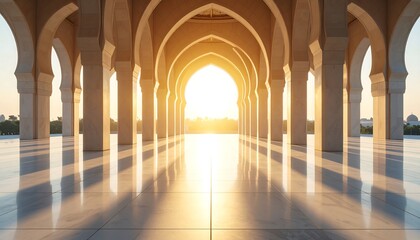 A spiritual journey down a long hallway of majestic arches, with golden sunlight creating a serene path to the future