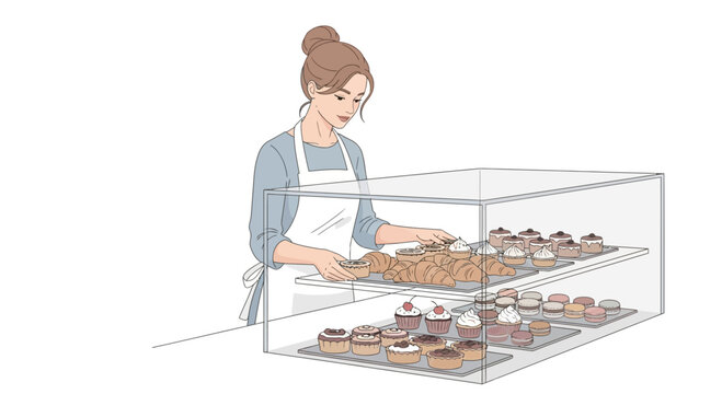 Pastry chef arranging delicious pastries in a glass display case illustration