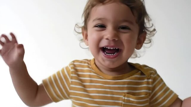 Joyful Toddler with Arms Raised on White Background - AI Generated