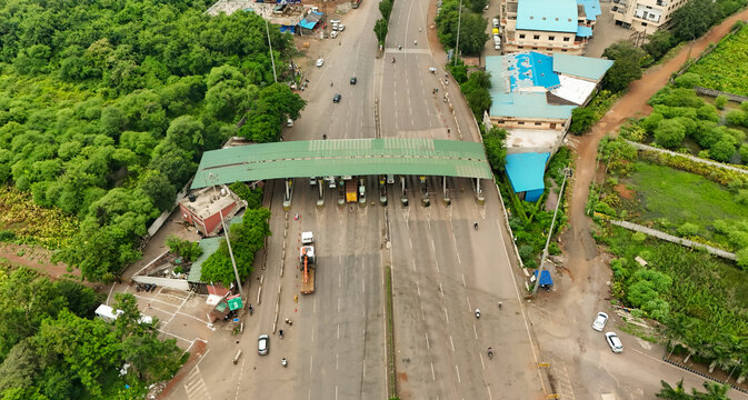 aerial view of highway toll plaza, drone shot of indian toll gate, expressway toll collection point, transport infrastructure on highway stock photo.	

