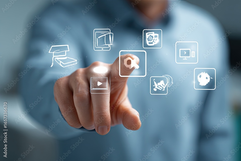 Fototapete a finger interacts with a holographic interface displaying various app icons, symbolizing digital in