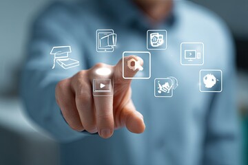 A finger interacts with a holographic interface displaying various app icons, symbolizing digital interaction and technology access