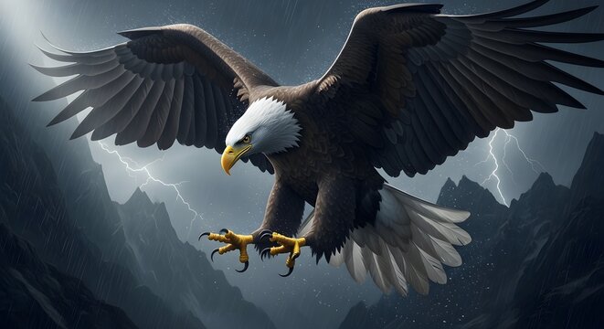 Powerful raptor in flight amidst a tempestuous sky above rugged peaks and lightning strikes