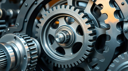 Complex gear system rotating smoothly, industrial mechanism working flawlessly