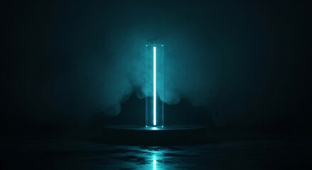 Radiant neon light column glows in mystical atmospheric smoke