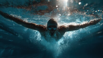 A cinematic underwater shot of a male swimmer doing the butterfly stroke. The lighting is dramatic, and the image captures the power and grace of the movement.