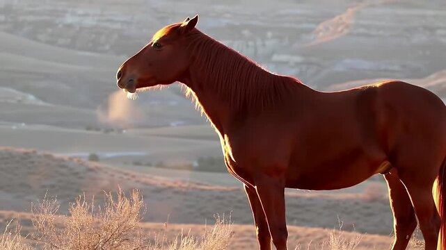 Chestnut horse standing in field with warm light 
