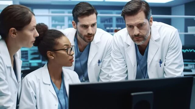 A diverse team of medical research scientists in white lab coats collaborating and analyzing complex data on a computer screen in a modern laboratory. - Powered by Adobe