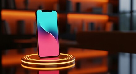 Sleek smartphone with vibrant screen on glowing pedestal