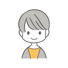 口を閉じて笑っているショートヘアの女性のイラスト