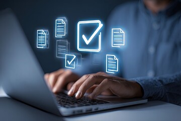 Person reviewing digital documents on laptop