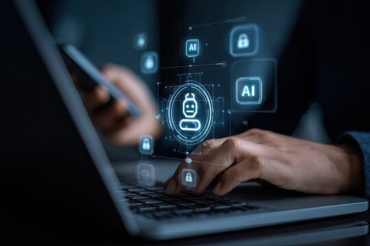 Person using laptop and phone, interacting with digital AI security interface