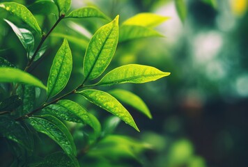 Close-up of vibrant green leaves with sunlight filtering through in a natural setting