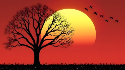 Silhouette of a lone tree against a vibrant sunset with birds flying