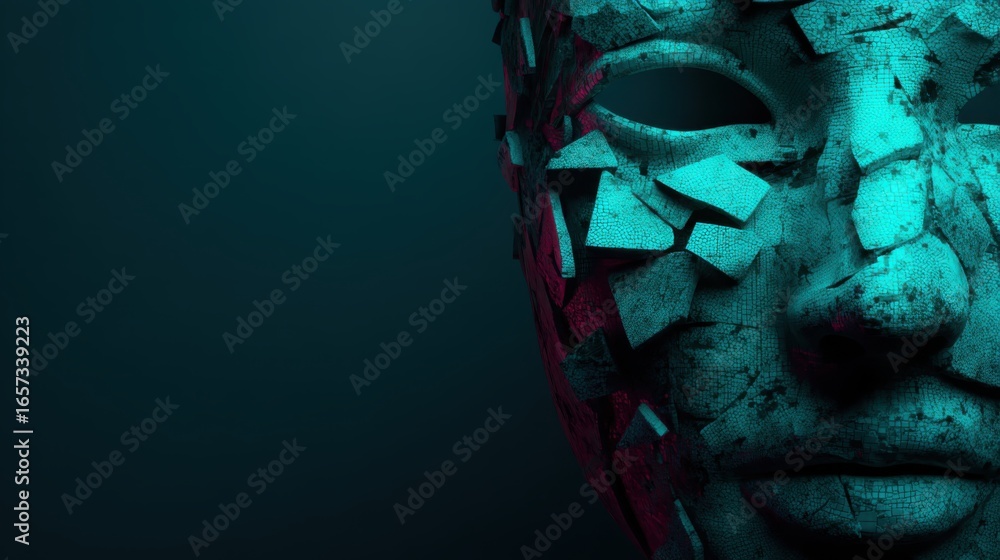Poster a fragmented, abstract face emerges from a dark background, showcasing vivid turquoise and red tones