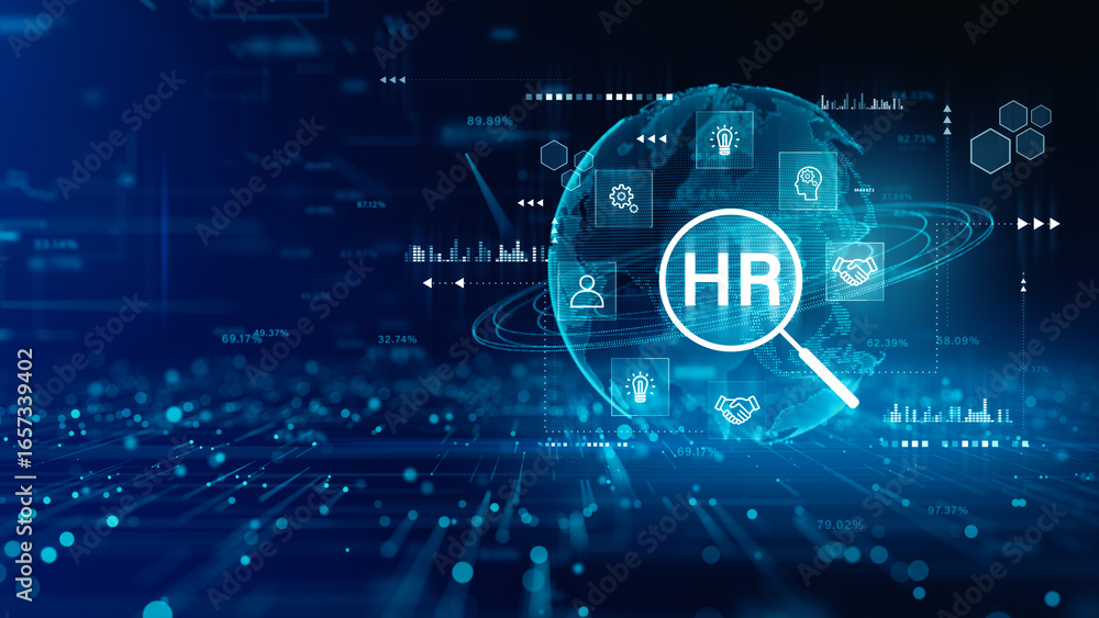 Poster digital human resources concept with global network and hr interface for employee management and rec