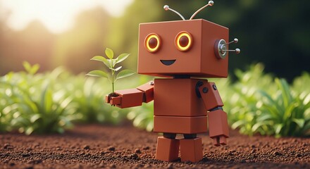 Cute robot nurturing a small plant in a garden