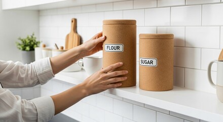 Hands organizing modern kitchen pantry with labeled storage canisters