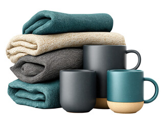 A vertical arrangement showcasing a tall stack of clean empty teal and coffee colored ceramic mugs waiting for a hot beverage like tea or coffee in a cafe or kitchen setting