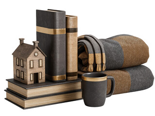 A tranquil domestic scene featuring a tall stack of classic literature and textbooks next to a warm ceramic mug situated inside a cozy and inviting home setting perfect for study and relaxation