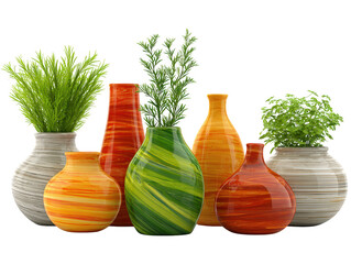 A minimalist still life composition featuring a collection of ceramic vases of various shapes and sizes each holding delicate green plants and foliage against a neutral backdrop