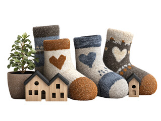 A charming still life composition featuring three pairs of uniquely patterned colorful socks displayed beside a miniature decorative house and a small vibrant green potted plant