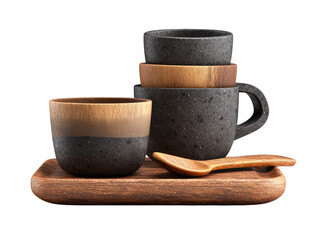 A beautifully composed still life scene featuring three matching ceramic cups resting on a rustic wooden serving tray accompanied by a single elegant spoon ready for a warm beverage service