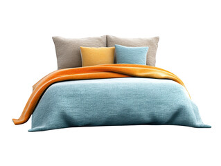 Comfortable bedroom interior detail showing a well made bed with a colorful blue and orange patterned comforter creating a cozy and inviting atmosphere for rest and relaxation