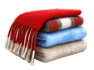 A cozy and inviting stack of soft warm colorful folded blankets throws and quilts showing fabric texture and weave for household comfort relaxation and peaceful slumber