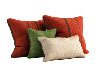 A minimalist studio composition featuring a trio of plush soft pillows arranged neatly on a solid deep black background creating a stark and elegant visual contrast