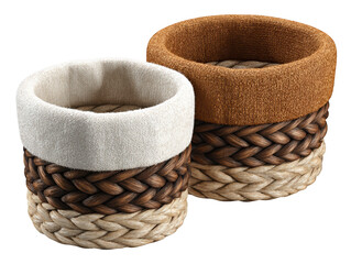 A pair of beautifully crafted rustic woven containers sits side by side each distinguished by a sturdy arched handle showcasing an elegant dual tone design of crisp white and warm natural brown