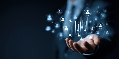 Person holds digital icons representing data growth and user network