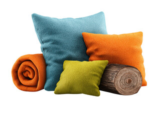 A cozy arrangement of soft plush pillows stacked in a disheveled pile next to a rustic textured wooden log creating a warm and inviting atmosphere for rest and relaxation