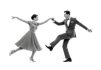 Couple dancing swing dance in vintage clothing isolated on transparent background
