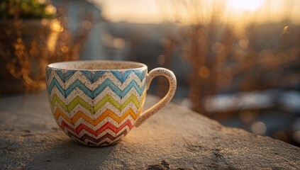 Fototapeta premium Colorful mug sits on stone surface at sunset