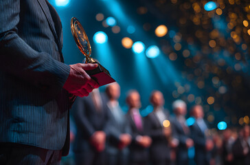 Business team leader receiving award prize at best business project competition event. Business and entrepreneurship award ceremony theme. Focus on unrecognizable people in audience