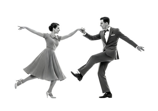 Couple dancing swing dance in vintage clothing isolated on transparent background