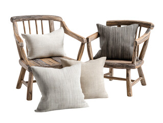 Elegant interior design concept featuring a pair of rustic wooden chairs with soft pillows highlighting classic furniture arrangement and home decoration