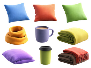 A vibrant collection of six multi colored decorative cushions arranged artfully next to a simple elegant ceramic cup on a neutral surface showcasing a variety of textures and hues