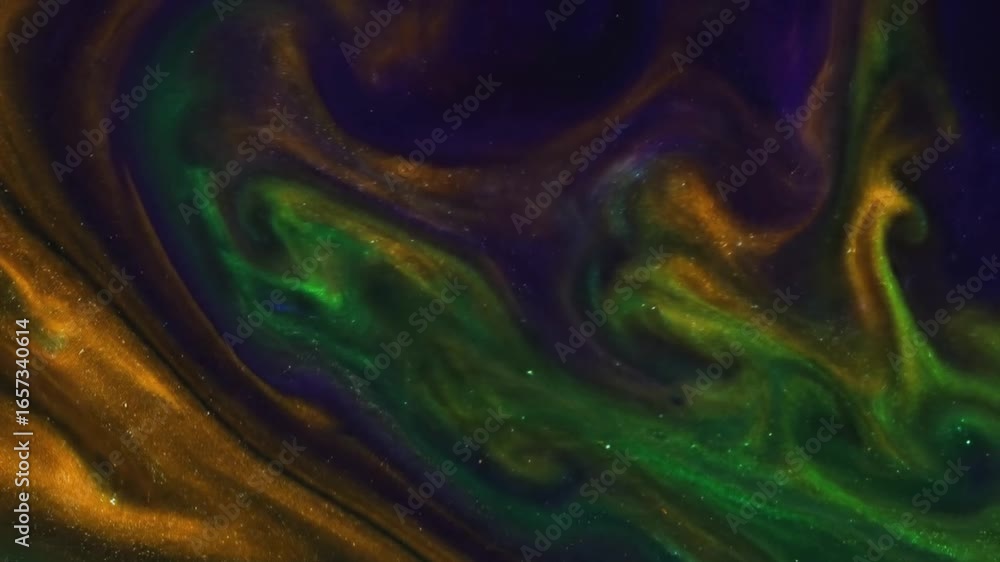 Poster captivating swirling metallic gold and emerald green liquid motion with shimmering particles creatin