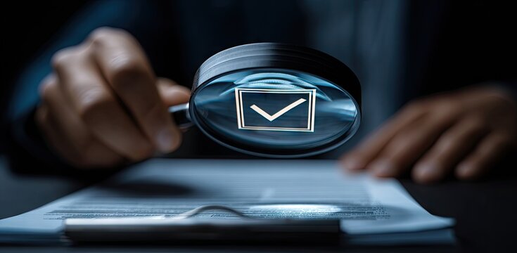 Magnifying glass reveals a check mark on documents