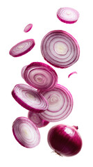 Fresh Red Onion Slices Floating in Air isolated on transparent background Remove png, Clipping Path, pen tool