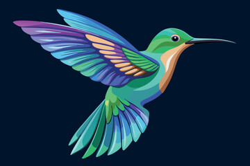 A colorful hummingbird is flying with its wings spread wide open