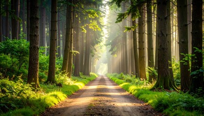 Obraz premium A winding dirt path through a lush green forest with sun-dappled trees