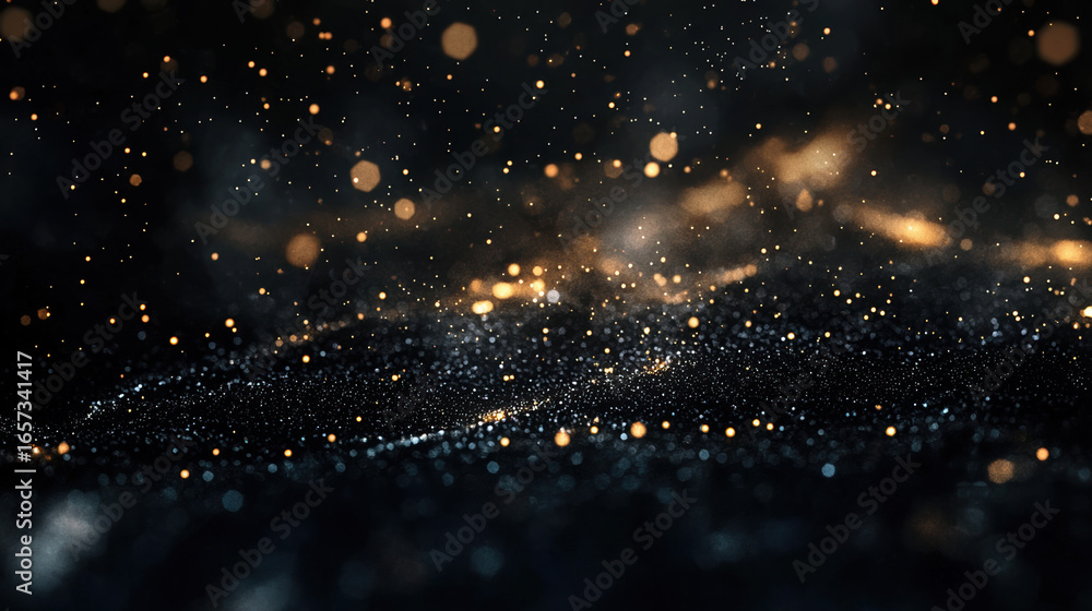 Wall mural a dark black background with particles or elements randomly drifting in space.