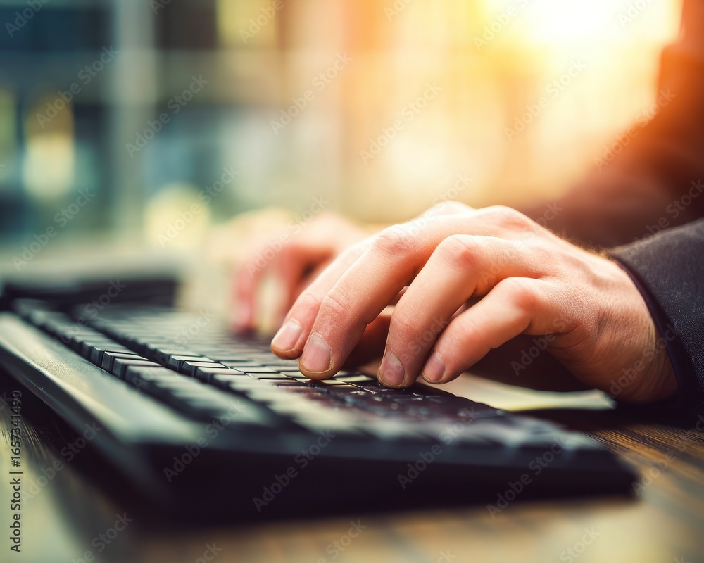 Poster close-up view of hands typing on a computer keyboard.
