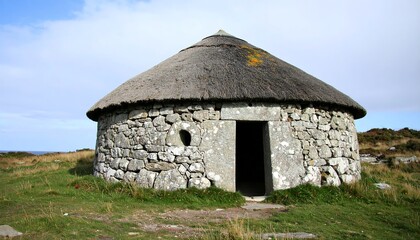 Round stone hut with thatched roof